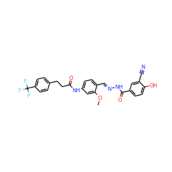 COc1cc(NC(=O)CCc2ccc(C(F)(F)F)cc2)ccc1/C=N/NC(=O)c1ccc(O)c(C#N)c1 ZINC000013492725