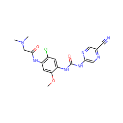 COc1cc(NC(=O)CN(C)C)c(Cl)cc1NC(=O)Nc1cnc(C#N)cn1 ZINC000014956049