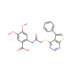 COc1cc(NC(=O)CSc2ncnc3scc(-c4ccccc4)c23)c(C(=O)O)cc1OC ZINC000006905858