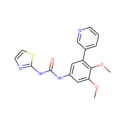 COc1cc(NC(=O)Nc2nccs2)cc(-c2cccnc2)c1OC ZINC000653766941