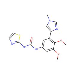 COc1cc(NC(=O)Nc2nccs2)cc(-c2cn(C)cn2)c1OC ZINC000653768414