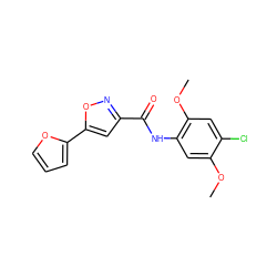 COc1cc(NC(=O)c2cc(-c3ccco3)on2)c(OC)cc1Cl ZINC000003908425