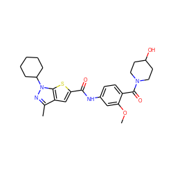 COc1cc(NC(=O)c2cc3c(C)nn(C4CCCCC4)c3s2)ccc1C(=O)N1CCC(O)CC1 ZINC000114712855