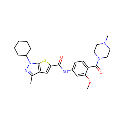 COc1cc(NC(=O)c2cc3c(C)nn(C4CCCCC4)c3s2)ccc1C(=O)N1CCN(C)CC1 ZINC000114713300