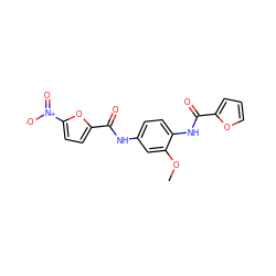 COc1cc(NC(=O)c2ccc([N+](=O)[O-])o2)ccc1NC(=O)c1ccco1 ZINC000001411736