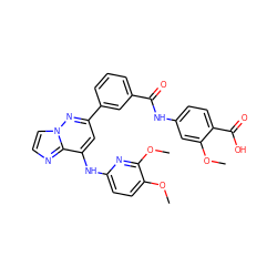 COc1cc(NC(=O)c2cccc(-c3cc(Nc4ccc(OC)c(OC)n4)c4nccn4n3)c2)ccc1C(=O)O ZINC000207390022