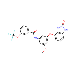 COc1cc(NC(=O)c2cccc(OC(F)(F)F)c2)cc(Oc2cccc3[nH]c(=O)[nH]c23)c1 ZINC000045335953