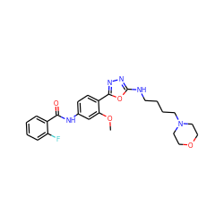 COc1cc(NC(=O)c2ccccc2F)ccc1-c1nnc(NCCCCN2CCOCC2)o1 ZINC000084602828