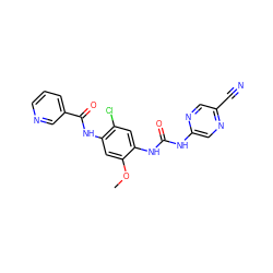 COc1cc(NC(=O)c2cccnc2)c(Cl)cc1NC(=O)Nc1cnc(C#N)cn1 ZINC000014956077