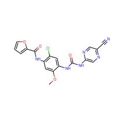 COc1cc(NC(=O)c2ccco2)c(Cl)cc1NC(=O)Nc1cnc(C#N)cn1 ZINC000014956087