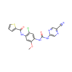 COc1cc(NC(=O)c2cccs2)c(Cl)cc1NC(=O)Nc1cnc(C#N)cn1 ZINC000014956091