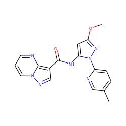 COc1cc(NC(=O)c2cnn3cccnc23)n(-c2ccc(C)cn2)n1 ZINC000204756259