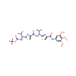 COc1cc(NC(=O)c2csc([C@@H](NC(=O)c3csc([C@@H](NC(=O)OC(C)(C)C)C(C)C)n3)C(C)C)n2)cc(OC)c1OC ZINC000169343795