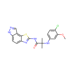 COc1cc(NC(C)(C)C(=O)Nc2nc3ccc4[nH]ncc4c3s2)ccc1Cl ZINC000202050052