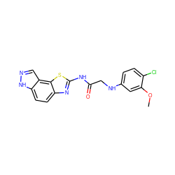 COc1cc(NCC(=O)Nc2nc3ccc4[nH]ncc4c3s2)ccc1Cl ZINC000142264091