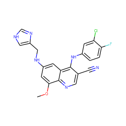 COc1cc(NCc2c[nH]cn2)cc2c(Nc3ccc(F)c(Cl)c3)c(C#N)cnc12 ZINC000014977357