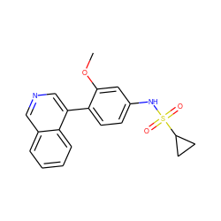 COc1cc(NS(=O)(=O)C2CC2)ccc1-c1cncc2ccccc12 ZINC000114029423