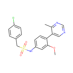 COc1cc(NS(=O)(=O)Cc2ccc(Cl)cc2)ccc1-c1cncnc1C ZINC000114028138