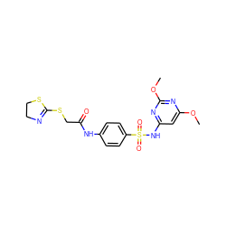 COc1cc(NS(=O)(=O)c2ccc(NC(=O)CSC3=NCCS3)cc2)nc(OC)n1 ZINC000004001658