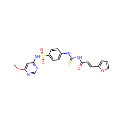 COc1cc(NS(=O)(=O)c2ccc(NC(=S)NC(=O)/C=C/c3ccco3)cc2)ncn1 ZINC000002377313