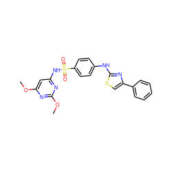 COc1cc(NS(=O)(=O)c2ccc(Nc3nc(-c4ccccc4)cs3)cc2)nc(OC)n1 ZINC000006088738