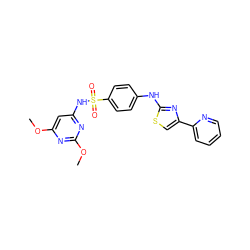 COc1cc(NS(=O)(=O)c2ccc(Nc3nc(-c4ccccn4)cs3)cc2)nc(OC)n1 ZINC000009546571