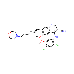 COc1cc(Nc2c(C#N)cnc3cc(/C=C/CCCCN4CCOCC4)c(OC)cc23)c(Cl)cc1Cl ZINC000049780534