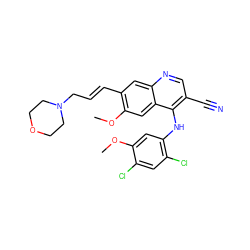 COc1cc(Nc2c(C#N)cnc3cc(/C=C/CN4CCOCC4)c(OC)cc23)c(Cl)cc1Cl ZINC000049113215