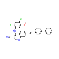 COc1cc(Nc2c(C#N)cnc3cc(/C=C/c4ccc(-c5ccccc5)cc4)ccc23)c(Cl)cc1Cl ZINC000014945500