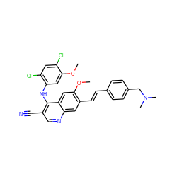 COc1cc(Nc2c(C#N)cnc3cc(/C=C/c4ccc(CN(C)C)cc4)c(OC)cc23)c(Cl)cc1Cl ZINC000049780245