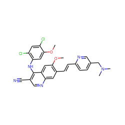 COc1cc(Nc2c(C#N)cnc3cc(/C=C/c4ccc(CN(C)C)cn4)c(OC)cc23)c(Cl)cc1Cl ZINC000049777452