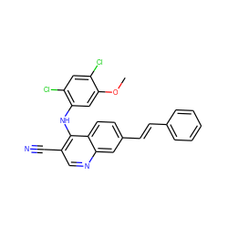 COc1cc(Nc2c(C#N)cnc3cc(/C=C/c4ccccc4)ccc23)c(Cl)cc1Cl ZINC000014945499