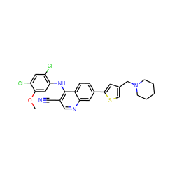 COc1cc(Nc2c(C#N)cnc3cc(-c4cc(CN5CCCCC5)cs4)ccc23)c(Cl)cc1Cl ZINC000026159552