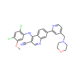 COc1cc(Nc2c(C#N)cnc3cc(-c4cc(CN5CCOCC5)ccn4)ccc23)c(Cl)cc1Cl ZINC000045254144