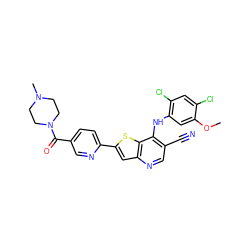 COc1cc(Nc2c(C#N)cnc3cc(-c4ccc(C(=O)N5CCN(C)CC5)cn4)sc23)c(Cl)cc1Cl ZINC000014945434