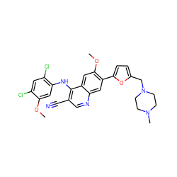 COc1cc(Nc2c(C#N)cnc3cc(-c4ccc(CN5CCN(C)CC5)o4)c(OC)cc23)c(Cl)cc1Cl ZINC000023358252