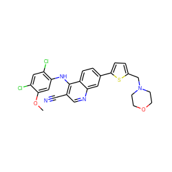 COc1cc(Nc2c(C#N)cnc3cc(-c4ccc(CN5CCOCC5)s4)ccc23)c(Cl)cc1Cl ZINC000014945311