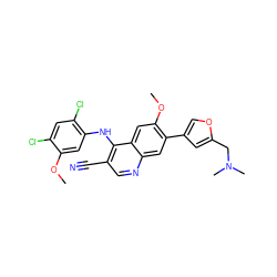 COc1cc(Nc2c(C#N)cnc3cc(-c4coc(CN(C)C)c4)c(OC)cc23)c(Cl)cc1Cl ZINC000014951770