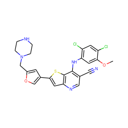 COc1cc(Nc2c(C#N)cnc3cc(-c4coc(CN5CCNCC5)c4)sc23)c(Cl)cc1Cl ZINC000028525509