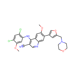 COc1cc(Nc2c(C#N)cnc3cc(-c4coc(CN5CCOCC5)c4)c(OC)cc23)c(Cl)cc1Cl ZINC000014951765