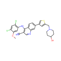 COc1cc(Nc2c(C#N)cnc3cc(-c4csc(CN5CCC(O)CC5)c4)ccc23)c(Cl)cc1Cl ZINC000014945321