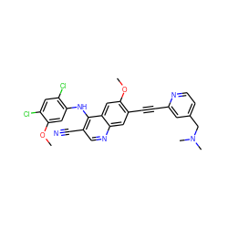 COc1cc(Nc2c(C#N)cnc3cc(C#Cc4cc(CN(C)C)ccn4)c(OC)cc23)c(Cl)cc1Cl ZINC000037858219