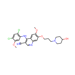 COc1cc(Nc2c(C#N)cnc3cc(OCCCN4CCC(O)CC4)c(OC)cc23)c(Cl)cc1Cl ZINC000014944647