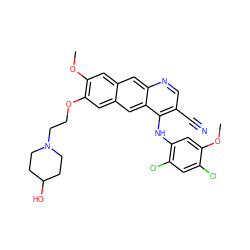 COc1cc(Nc2c(C#N)cnc3cc4cc(OC)c(OCCN5CCC(O)CC5)cc4cc23)c(Cl)cc1Cl ZINC000014945440