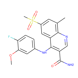 COc1cc(Nc2c(C(N)=O)cnc3c(C)cc(S(C)(=O)=O)cc23)ccc1F ZINC000040914152