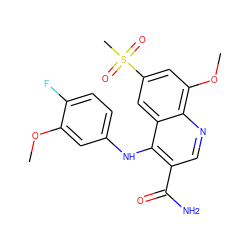 COc1cc(Nc2c(C(N)=O)cnc3c(OC)cc(S(C)(=O)=O)cc23)ccc1F ZINC000040915410