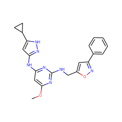 COc1cc(Nc2cc(C3CC3)[nH]n2)nc(NCc2cc(-c3ccccc3)no2)n1 ZINC000035826745