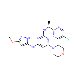 COc1cc(Nc2cc(N3CCOCC3)nc(N[C@@H](C)c3ncc(F)cn3)n2)[nH]n1 ZINC000066112758