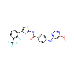 COc1cc(Nc2ccc(C(=O)Nc3nc(-c4cccc(C(F)(F)F)c4F)cs3)cc2)ncn1 ZINC000028952838