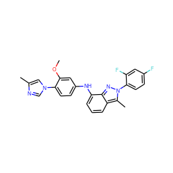 COc1cc(Nc2cccc3c(C)n(-c4ccc(F)cc4F)nc23)ccc1-n1cnc(C)c1 ZINC000095578566